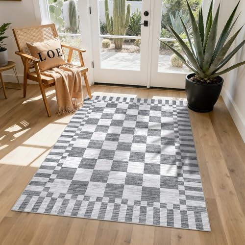 GarveeHome Grey Checkered Rug,Washable 3x5 Rug Non Slip for Entryway, Soft Low-Pile, Modern Farmhouse Geometric Small Area Rugs for Bedroom Kitchen - color: Grey, size: 3' x 5' (Rectangular)