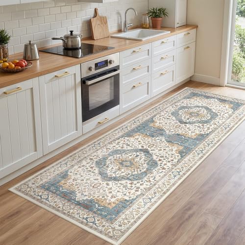 Area Rug for Living Room - 3x8 Soft Washable Oriental Vintage Floral Distressed Large Carpet - Fade Stain Resistant Non Slip Rugs for Bedroom Dining Room Nursery Dorm Office Home Decor - Blue/Beige - color: Blue/Beige, size: 3' x 8' (Runner)