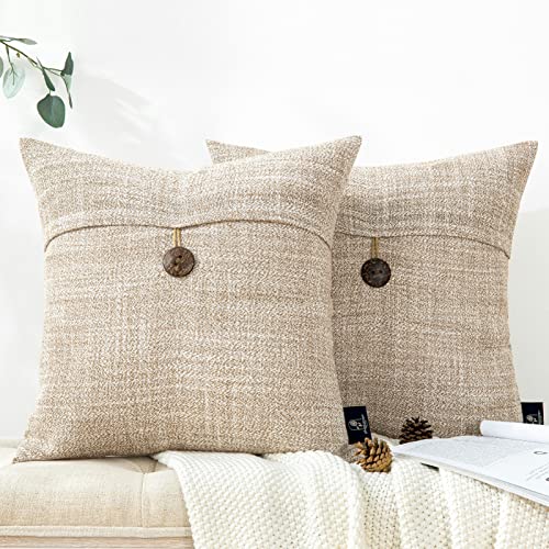 Phantoscope Pack of 2 Farmhouse Throw Pillow Covers Button Vintage Linen Decorative Pillow Cases for Couch Bed and Chair Beige, 18 x 18 inches 45 x 45 cm - color: Beige, size: 18" x 18" (Pack of 2)