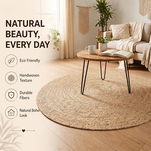 Jute Braided Area Rug, Natural - 4 Feet Round, Boho Neutral Rattan Circle Hand Woven Rugs for Living Room, Bedroom, Nursery, Kitchen, Indoor Use | Farmhouse Rustic Patio Floor Mat for Home Décor - color: Natural, size: 4' (Round)