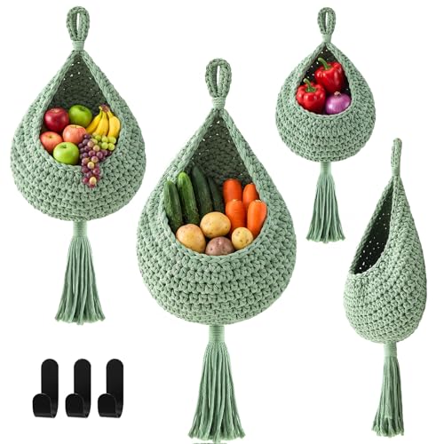Honeydak Boho Decor Hanging Wall Baskets for Kitchen 3 Pack Teardrop Baskets with Hooks Storage Fruit Onion Vegetable Potato for Home 3 Sizes (Sage Green,Tassel,Cotton Rope) - color: Sage Green, size: Cotton Rope, style: Tassel