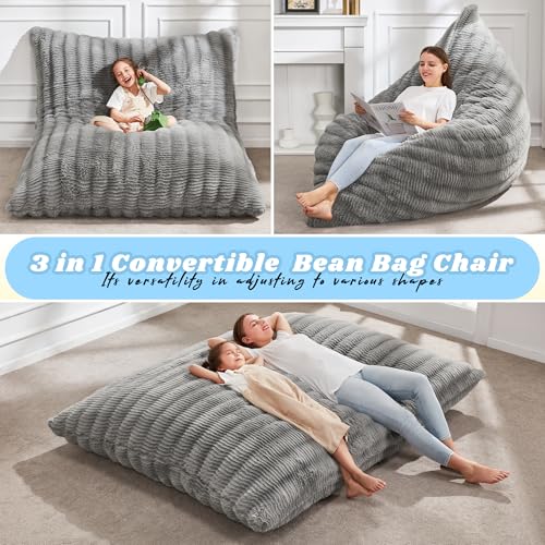 Hobestluk 3 in 1 Bean Bag Chair Giant Bean Bag Chairs for Adults with Ripple Cover Convertible Bean Bag Floor Cushion with Machine Washable Cover for Living Room (Ripple Grey) - color: Muted Grey
