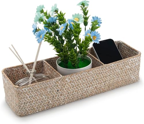 Seagrass Storage Basket for Bathroom, Wicker Toilet Basket Tank Topper, Woven Storage Box for Organizing (Whitewash, 14.6" x 4.7" x 3.1") - color: Whitewash, size: 14.6" x 4.7" x 3.1"