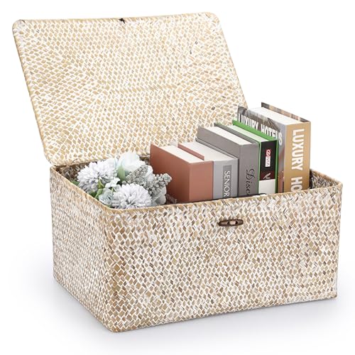 Hipiwe Wicker Woven Baskets Bin with Lid Natural Seagrass Basket Storage Bin Rectangular Household Basket for Shelf Wardrobe Home Decor, Whitewash, X-Large - color: Whitewash, size: X-Large