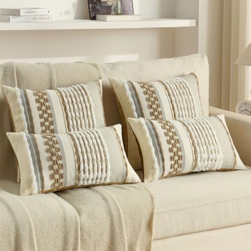 FUTEI Pack of 2 Boho Chenille Decorative Throw Pillow Covers 18x18 Inch Soft Plush Tufted Striped Textured Cushion Case,Farmhouse Accent for Couch Bed Living Room, Coffee - color: Coffee, size: 18" x 18" (Pack of 2)
