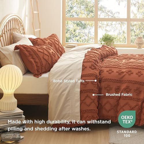 Bedsure Boho Duvet Cover King Size, Soft & Comfortable Elegant Design Boho Bedding for Decoration, Machine Washable Comforter Cover for All Seasons,Includes 1 Duvet Cover & 2 Pillow Shams,Terracotta - color: 05 - Terracotta - Elegant (No Comforter), size: