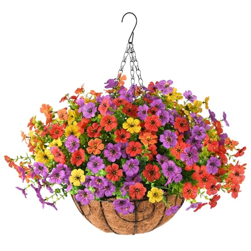 ZFProcess Artificial Faux Hanging Plants Flowers Basket for Spring Summer Outdoor Decoration, Fake Silk Daisy in Planter Realistic UV Resistant Look Real for Porch Home Patio Balcony Yard(Multicolor) - color: Multi Color