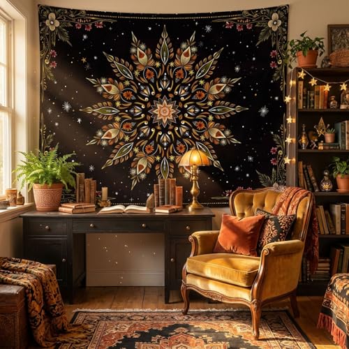 Haibimen Boho Floral Mandala Tapestry Black Gold Bohemian Flower Tapestry for Bedroom Vintage Dark Tapestries Wall Hanging for Living Room, Bedroom, Dorm (Black 4, 60''×44'') - color: Black 4, size: 60''×44''