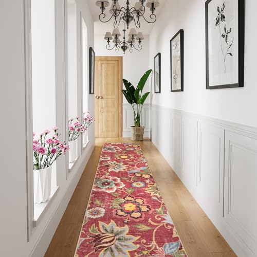 Beeiva Floral Runner Rug Non Slip, Vintage Red 2.5x12 Rug Runner for Hallways Non-Slip, Printed Distressed Ultra Thin Foldable Washable Runner Rug for Bedroom Bathroom Christmas - color: Red, size: 2'5" x 12' (Rectangular)