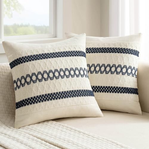 MIULEE Set of 2 Navy Blue Boho Decorative Pillow Covers 18x18 Inch Farmhouse Rustic Couch Throw Pillows Modern Spring Cotton Cushion Covers Retro Cute Macrame Woven Home Decor for Bed Sofa Chair - color: Navy Blue, size: 18" x 18" (Pack of 2)
