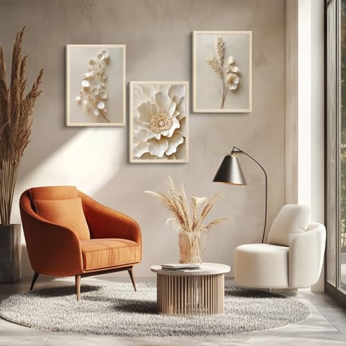BHSUUHIT 3 Pcs Neutral Beige Botanical Wall art White Florals Wall Decor Cream Neutral Botanical Prints Beige Bloom Flower Textured Paintings Vintage Blossom Pictures 16x24in Unframed Poster - color: poster-Beige, size: 16L" x 24W"