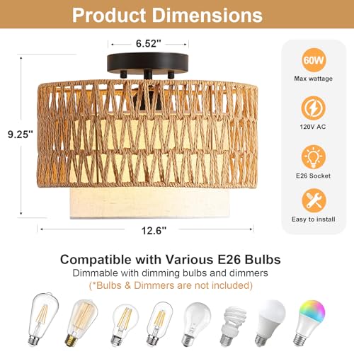 Somniferous Rattan Ceiling Light Fixture, Boho Flush Mount Ceiling Light with Double Drum Shade, Farmhouse Woven Light Fixture for Bedroom, Living Room, Kitchen, Hallway, Entryway, 12.6”, E26 Base