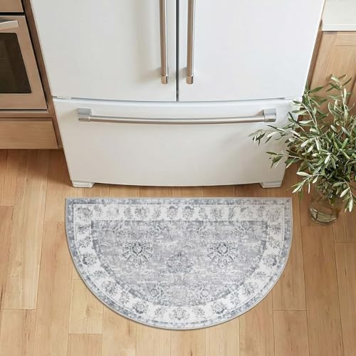 jinchan Fiora Washable Small Area Rug, 2x3 Half Circle Floral Entryway Rug, Low Pile Half Moon Doormat Soft Non Slip Dirt Trapping Carpet for High Traffic Kitchen Bathroom Vanity, Distressed Grey - color: Distressed Grey, size: 1'9" x 3' (Semicircular)
