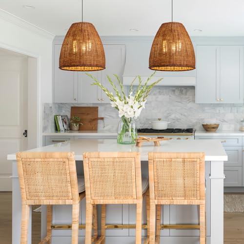 Farmhouse Rattan Chandelier 16.6" 3-Lights Boho Hand Woven Pendant Lights Wicker Dining Room Light Coastal Hanging Lighting Fixtures for Living Room Bedroom Kitchen Sink Restaurant Entryway Foyer - color: Brown-D-16.6IN