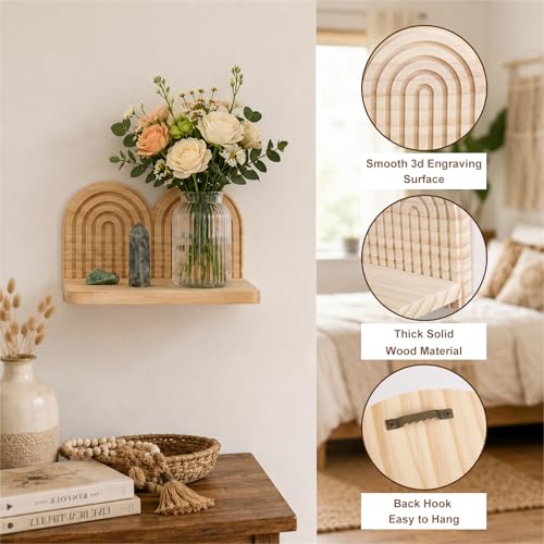 Artilady Boho Shelf Wall Decor Wood Floating Shelves, Arched Rainbow Wall Art, Hanging Plant Holder for Entryway Bedroom Living Room (Beige 2) - color: Beige 2