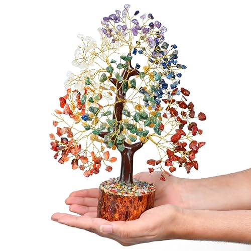 Crocon® 7 Chakra Crystal Tree of Life, Crystals and Healing Stones Money Tree for Positive Energy, Good Luck, Spiritual, Meditation Home Decor, Birthday Gifts for Women, Men, Mom & Sister | 10-12" - color: 001 Seven Chakra (Golden Wire)