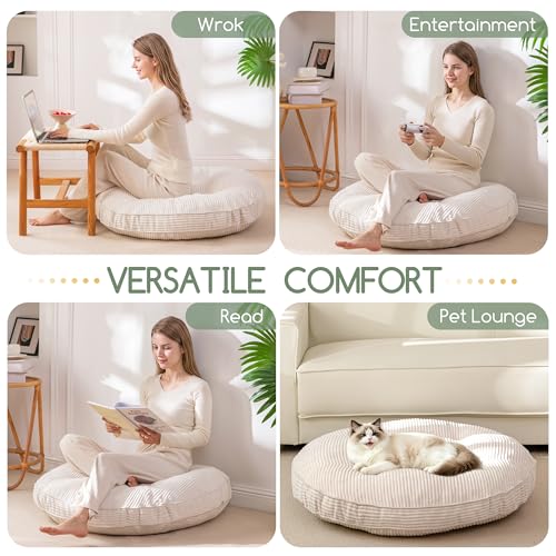 HIGOGOGO 35" Floor Pillow Cushion for Adults, Meditation Cushion Pillow, Extra Large Square Floor Sitting, Tufted Corduroy Cover for Tatami Living Room or Yoga, Beige - color: Beige, size: 4" Thick Round