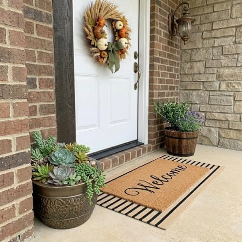 LEEVAN Outdoor Door Mat 2'x3' Washable Welcome Mat Woven Black and White Entryway Rug Farmhouse Front Porch Decor Outside Entrance Striped Outdoor Floor Mats - color: Black and Tan, size: 2' x 3' (Rectangular)