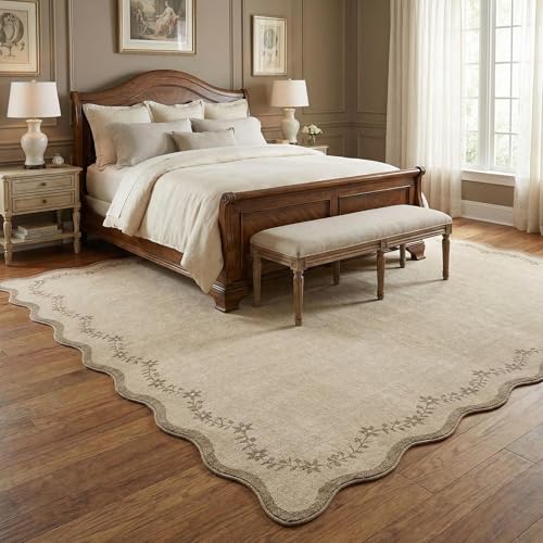 GarveeHome Scalloped Area Rugs 8x10 for Living Room, Solid Tan Jute Large Washable Rug Soft Non Slip Backing Floor Mat Carpet Indoor Thin Rug for Bedroom Dining Room Playroom Nursery Home Decor - color: Jute, size: 8' x 10' (Rectangular)