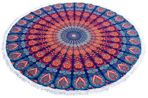 Round Beach Tapestry Mandala Boho Hippie Blanket Cotton Bohemian Table Cloth Home Decor Yoga Mat Meditation Picnic Rug Throw Hippy Boho Gypsy Tablecloth Roundie 70 Inches Orange And Blue - color: Orange And Blue, size: 70"L x 70"W