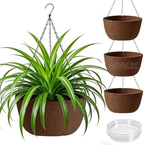 T4U Hanging Planters for Outdoor Plants, 12 Inch 4 Pack Fabric Hanging Baskets with Drainage Tray, Decorative Hanging Pots for Plants Outdoor Patio Porch Garden Use（Brown） - size: 12 Inch, 4-Pack