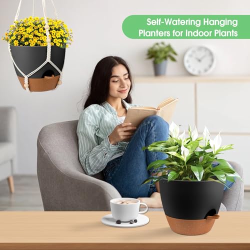Hanging Planters for Indoor Outdoor Plants, 2 Pack Self Watering Hanging Pot with Drainage Holes, Removable Tray & 2 Kinds of Plant Hangers, 10'' Hanging Flower Pots for Home Garden Decor, Black - color: Ivory+black+black, size: 10''