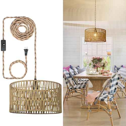 12.6 Inch Boho Hanging Light with Plug in Cord Rattan Hanging Lamp Hand Woven Rattan Wall Lightfor Bedroom, Living Room, Kitchen, Nursery, E26 Base, Indoor,Without Bulb - size: 12.60'' x 6.49''