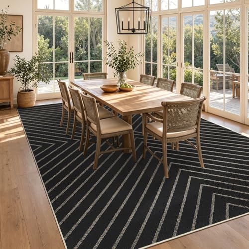 Garvee Easy Jute 9x12 Large Area Rug for Living Room Striped Black Indoor Outdoor Rugs Non Slip Low Pile Patio Outdoor Rugs Washable Carpet for Porch Bedroom Living Room Backyard, 9'x12' - color: Striped|black, size: 9' x 12' (Rectangular)