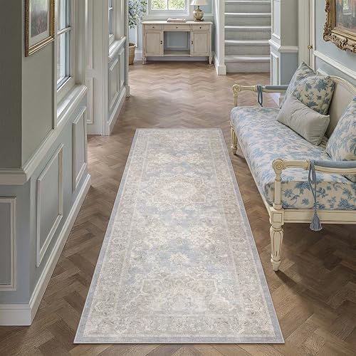 PureCozy Blue Runner Rug 2x6 Hallway Washable Vintage Carpet for Kitchen Non Slip Soft Low Pile Indoor Retro Oriental Medallion Accent Throw Long Rug Rug for Bathroom Laundry Dining Room - color: Blue, size: 2' x 6' (Runner)