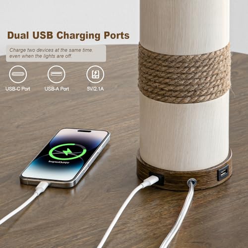 BOBOMOMO 24.5" Farmhouse Boho Table Lamps Set of 2, Hand-Woven Rattan Bedside Lamps with 3-Way Dimmable Touch Control & USB A+C Ports, Nightstand Lamp for Bedroom, Living Room, Corner (Bulbs Included) - size: 24.25"