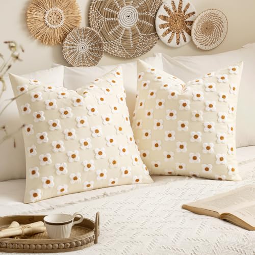 EMEMA Decorative Throw Pillow Covers Daisy Sun Flower Jacquard Pillowcase Cushion Case Rectangle for Couch Sofa Bed Living Room Bedroom Set of 2, 26x26 Inch, Beige - color: A-beige, size: 26" x 26" (Pack of 2)