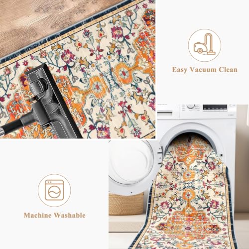 Pauwer Boho Hallway Runner Rug 2x6 Washable Entryway Area Rugs Non Slip Farmhouse Vintage Floor Mat Carpet Runner for Hallways Laundry Room Kitchen Bathroom Bedroom - color: Ivory/Orange, size: 2' x 6' (Runner)