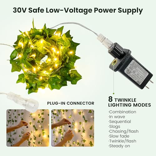 HEYFUNi Vines with Lights, 23 Ft 73 Led Fake Ivy String Lights Plug in, Leaf Lights for Bedroom, Wall, Balcony, Wedding Decor, Warm White - color: Ivy, size: 73 LED-Plug in