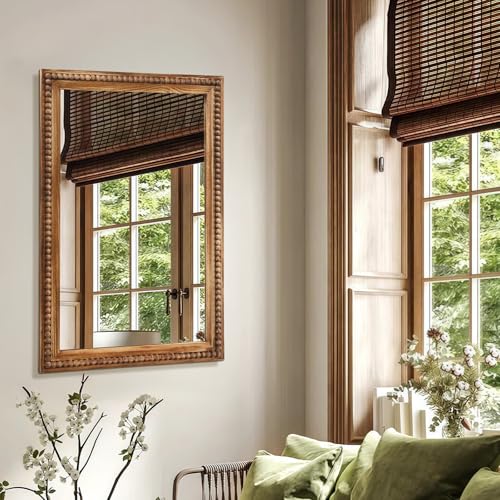 ULIKE Rectangular Wood Mirror with Natural Wooden Bead Frame, 24x36 Inch Rustic Farmhouse Wall Mirror for Bathroom Nursery Bedroom Living Room Brown - color: A Bead Rustic Brown