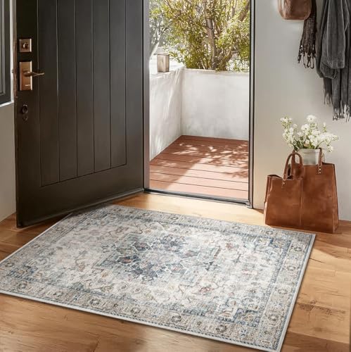 Machine Washable Throw Rugs for Entryway: Door Mat Indoor Entrance 2x3 Small Rug Stain Resistant Non-Slip Low Pile Soft Carpet for Kitchen Front Door Indoor Entry Bathroom Bedroom - color: Blue and Cream, size: 2' x 3' (Rectangular)