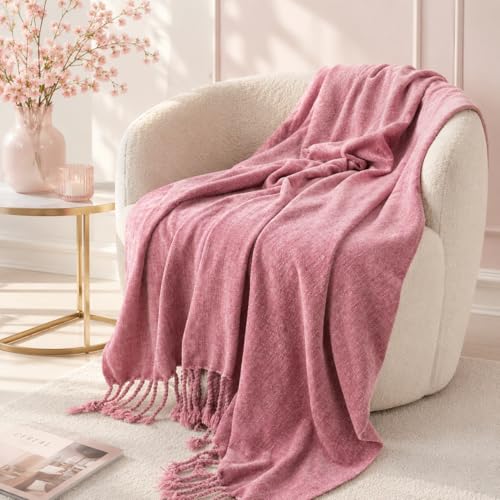 BATTILO HOME Pink Chenille Throw Blanket for Couch, Soft Cozy Textured Knit Throw Blanket with Handmade Fringe Tassels, Lightweight Decorative Farmhouse Blanket for Sofa Bed Chair, 50"x60" - color: Blush