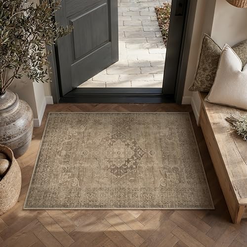PureCozy Brown 2x3 Washable Entryway Indoor Rug Non-Slip Floral Vintage Distress Print Pattern Medallion for Living Room Thin Low Pile Soft Doormat for Kitchen Laundry Dining Room - color: Vintage 3丨brown, size: 2' x 3' (Rectangular)