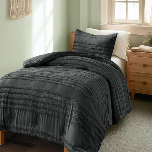 BEDELITE Boho Twin/Twin XL Comforter Set，Dark Grey Tufted Striped Bed Set 2 Pieces, Soft Vintage Farmhouse Comforter for College, Boho Home Dorm Decor, Fluffy Jacquard Bedding with 1 Pillow Sham - color: Dark Grey, size: Twin/Twin XL