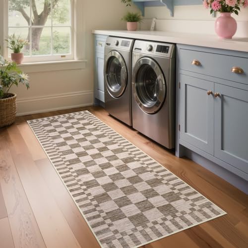 GarveeHome 2×6 Kitchen Runner Rug Non Slip Brown Checkered Rug,Washable Runner Rug for Hallway Soft Low-Pile Geometric Tan Brown Print Checkerboard Rugs for Entryway Kitchen Dining Room - color: Brown, size: 2' x 6' (Rectangular)