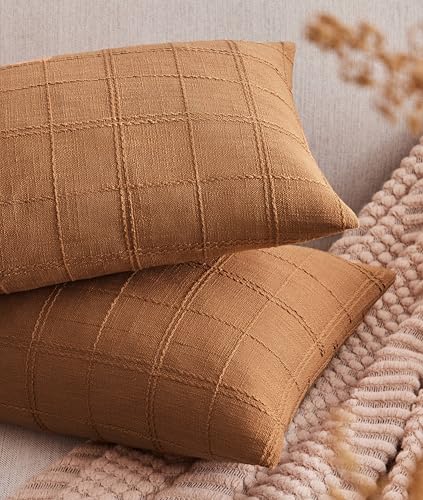 ZeeMart Linen Checked Lumbar Throw Pillow Covers Set of 2, 12x20 Inch Allover Grid Caramel, Farmhouse Decorative Double Sided Grid Embroidered Pillow Cases Burnt Orange Cotton Linen Cushion Covers - color: Allover Grid Caramel, size: 20" x 12" (Pack of 2)