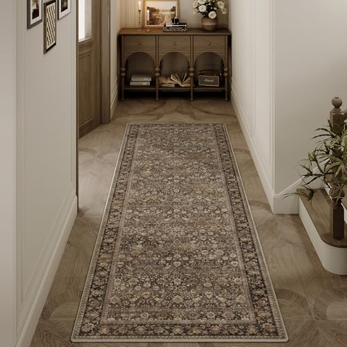 HUGEAR 2x6 Runner Rug Machine Washable Brown Hallway Area Rugs Indoor Accent Rugs Floral Low Pile Carpet Distressed Throw Rug Bedroom Living Room Office Dining Kitchen Laundry Non Slip - color: Floral | Brown, size: 2' x 6' (Runner)