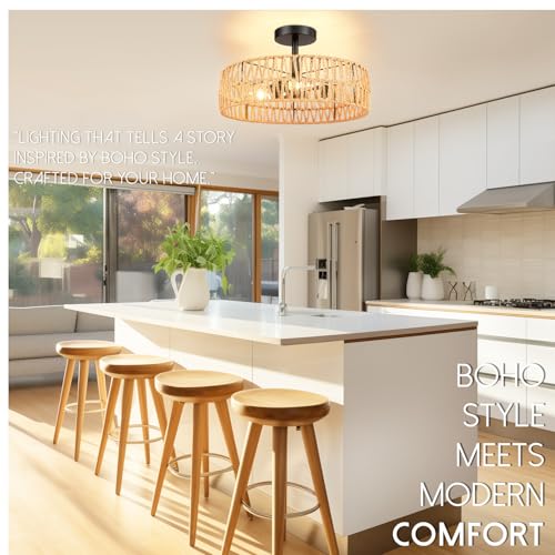 Hamilyeah Boho Woven Flush Mount Ceiling Light Fixture, 16 inch Rattan Light Fixture Ceiling Mount for Living Room, Bedroom, Kitchen - color: Black 16INCH Semi Ceiling Light