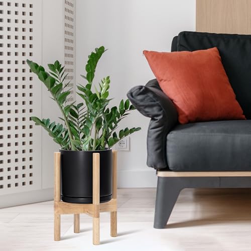 D'vine Dev Ceramic Planter with Natural Stand - 8 Inch Modern Round Flower Pot with Wood Planter Holder, Black, 55-B-N-2 - color: Black Pot + Natural Stand, size: 8 Inch