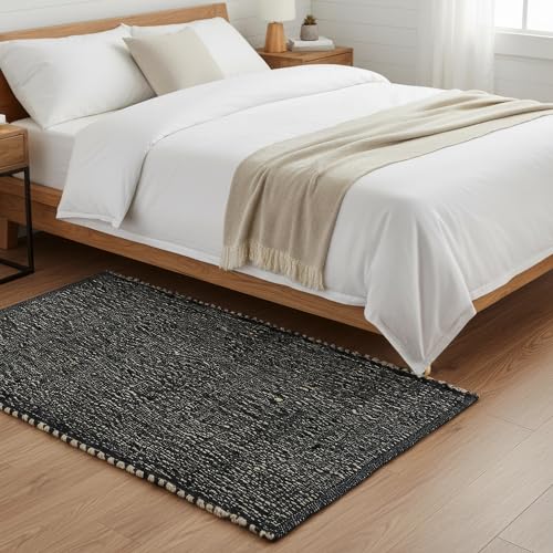 Black 3x5 Jute Rug Braided Construction - Farmhouse Woven Carpet - Mid-Century Modern Floor Covering for Bedside, 3' x 5' - color: Black, size: 3' x 5'