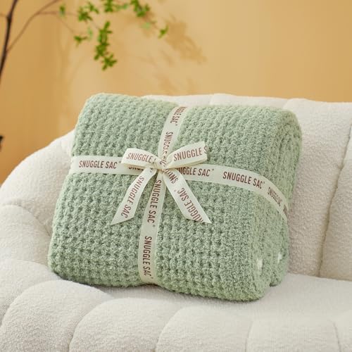 Snuggle Sac Sage Green Waffle Bedding Blankets Queen Size 90x90 inches, Reversible Microfiber Fluffy Fuzzy Soft Throw Cozy Knit Blanket for Women Mothers Birthday Gifts - color: Waffle Sage Green, size: Queen(90"x90")