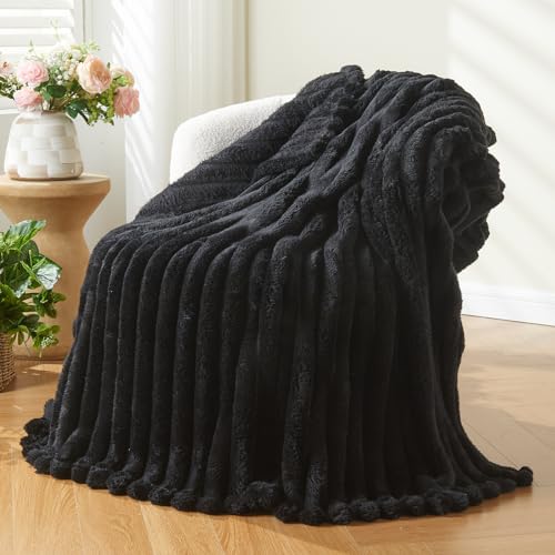 NEWCOSPLAY Super Soft Twin Blanket Black Premium Silky Flannel Fleece 3D Ribbed Jacquard Lightweight Bed Blanket All Season Use (Black Ribbed, Twin(60"x80")) - color: Black Ribbed, size: Twin(60"x80")