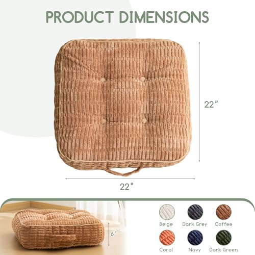 HIGOGOGO 6" Floor Pillow Cushion for Adults, Meditation Cushion Pillow, Blended Corduroy Cover, Large Square Floor Sitting for Tatami Living Room or Yoga, 2Pack, Coffee - color: Square Coffee, size: 6" Thick(Pack of 2)