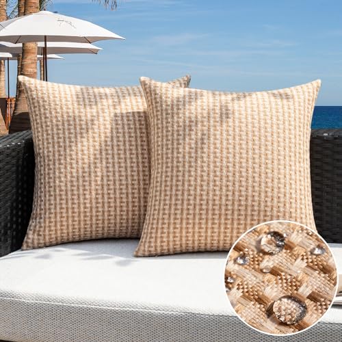 Kevin Textile Outdoor Waterproof Throw Pillow Covers Pack of 2 Weaving Texture Water Resistant Outside Decorative Cushion Covers for Garden Patio Tent Balcony Bench Couch Sofa 16x16 Inch, Light Brown - color: Light Brown, size: 16" x 16" (Pack of 2)