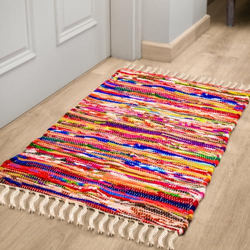 RAJRANG Boho Chindi Rag Rug 20x32 Inches - Handwoven Recycled Braided Rug Multicolor with Tassel for Doormat Bedroom Entryway Living Room - size: 1'8" x 2'8" (Rectangular)