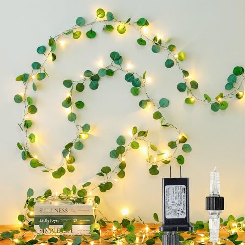 HEYFUNi 23FT Eucalyptus Garland with String Lights, Plug in | 73 LEDs, plug-in power, memory, 8 modes, greenery leaf vine lights for bedroom, wall, wedding, party, summer dorm decor - color: Eucalyptus, size: 73 LED-Plug in